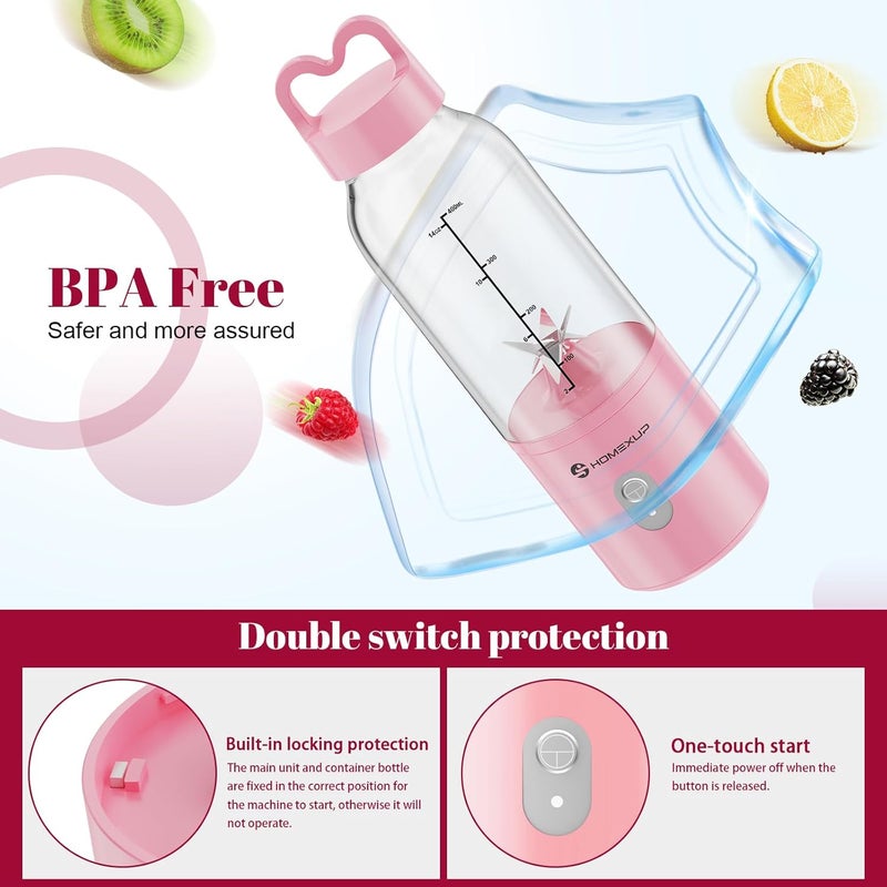 HOMEXUP Portable Personal Blender 17 OZ/500 ML Juicer, 175W Personal Size Blender, Ideal for Smoothies, Ice Blending, Juicing, and Food Processing, Compact, Convenient, and Versatile (Pink) - Image 5